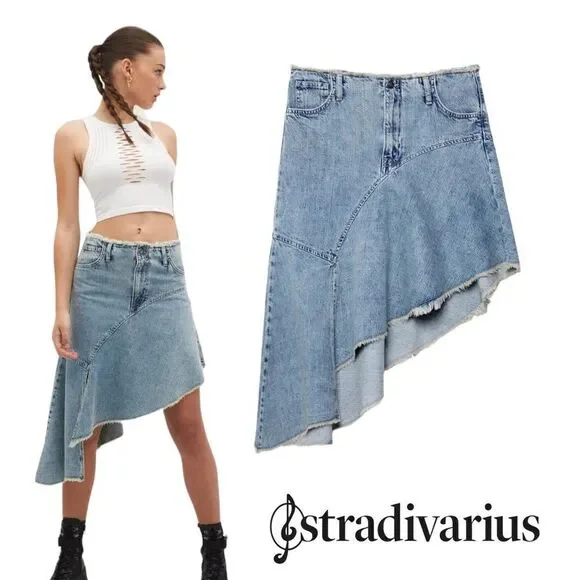 STRADIVARIUS | Blue | ASYMMETRIC DENIM SKIRT WITH RUFFLE TRIM - Picture 1 of 15